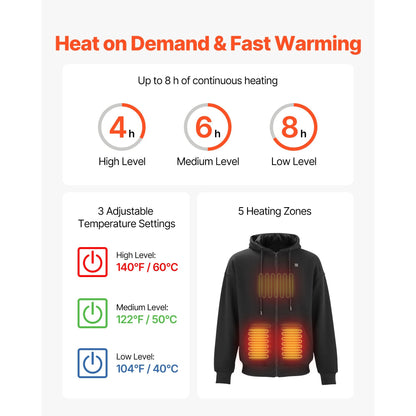 Heated Jacket Hoodie for Men Women, Heated Sweatshirt Unisex Full-Zip with 7.4V 16000mAh Power Bank Pack, 5 Heating Zones, 3 Temp Levels, 4-8H Warmth, for Winter Outdoor Camping, Black, XL Size