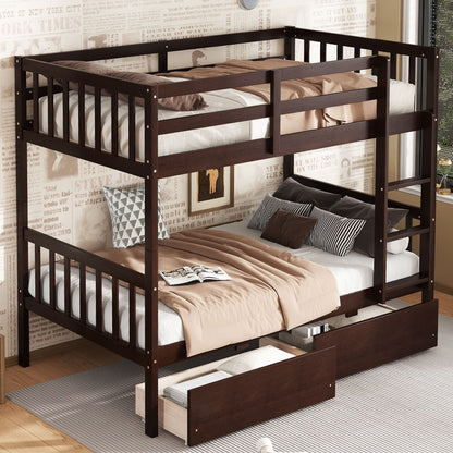 Twin Over Twin Rubber Wood Bunk Bed with 2 Drawers, Convertible into 2 Twin Beds, Twin Size Bunk Bed with Ladder and Safety Guardrails