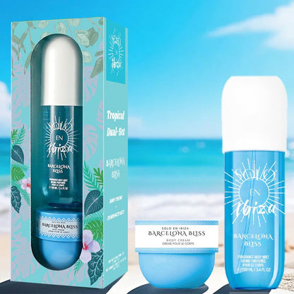 2-Piece Set, SOLO EN IBIZA Body & Hair Fragrance Mist And Body Cream Gift Box For Men And Women, Long Lasting Fragrance, 4 Different Scent, Perfect For Holiday Gifts, Dating, Daily Life, Parties