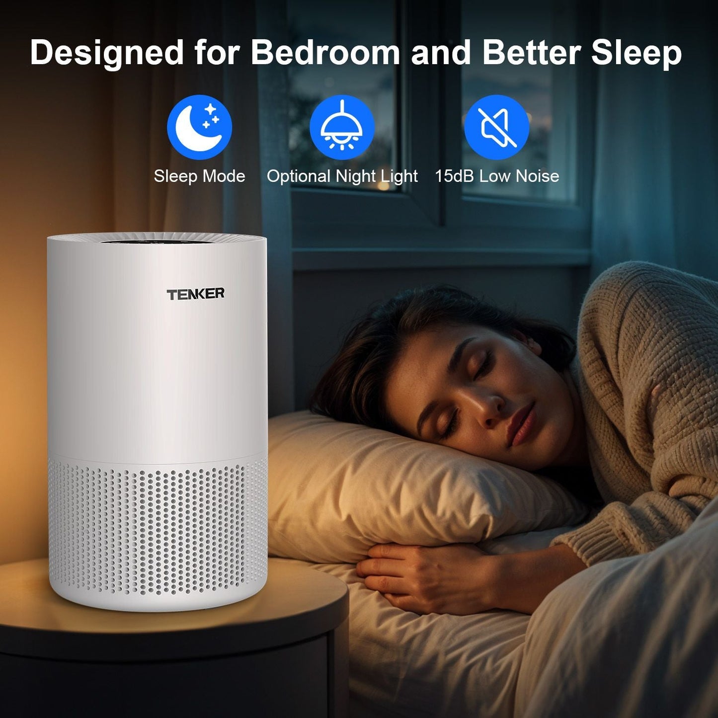 TENKER AP-6980 Air Purifier White US 1300ft² Large Rooms H13 Heap 3-Stage Filtration 3 Speeds 3 Timer w/Light Air Cleaner Machine
