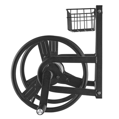 Wall Mounted Garden Hose Reel, Holds 125 ft 5/8-inch Hose, Heavy-Duty Water Hose Winder, Space-Saving Design, Outdoor Manual Reel with Brass Fitting and Storage Basket for Yard Lawn