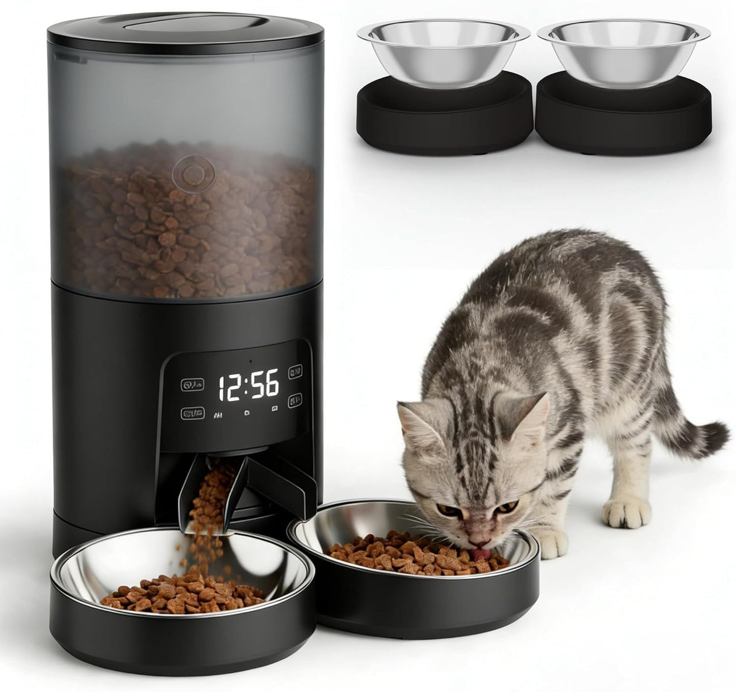 6L Automatic Cat Feeder for 2 Cats, Timed Cat Food Dispenser with 2 Stainless Bowls, 10s Voice Recorder, Dual Power Supply, 6 Meals 50 Portions Per Day, Dual Pet Feeder for Cat and Dog