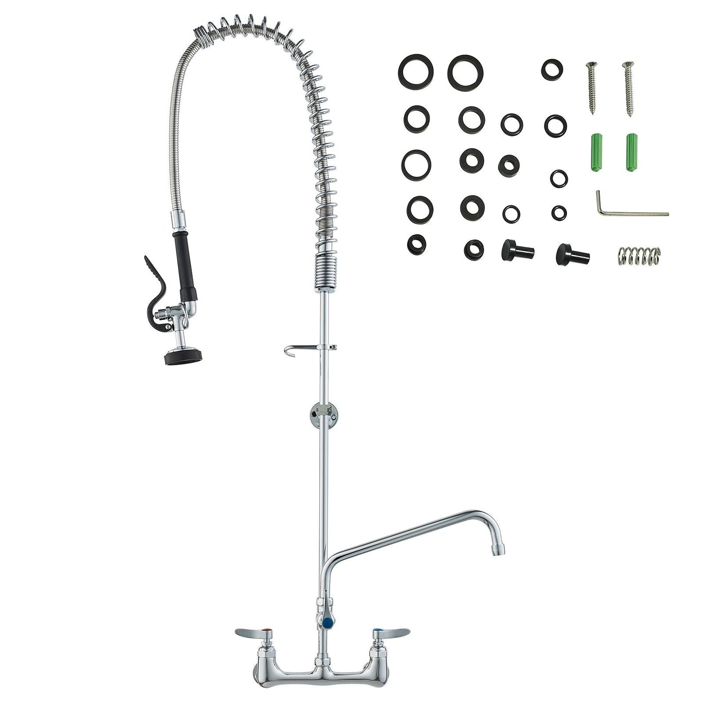 Wall-Mounted Kitchen Faucet, 47" Tall, 8" Apart, with 12" Rotating Spout and Pre-Rinse Spray, Brass Build, Pull-Down Feature for Multi-Compartment Sinks