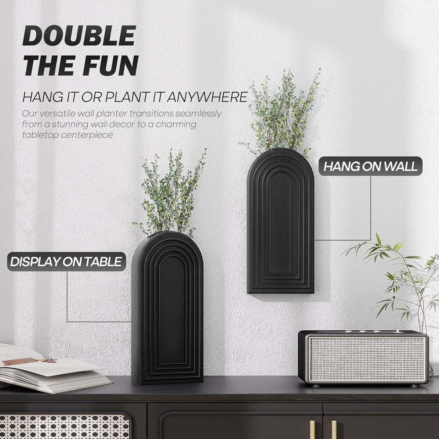 Pine Wood Wall Vases Set of 2 – Modern Wall Decor & Hanging Planters for Indoor Plants – Boho Home Decor Accent with Rustic Charm for Living Room, Kitchen & Bedroom (Black)