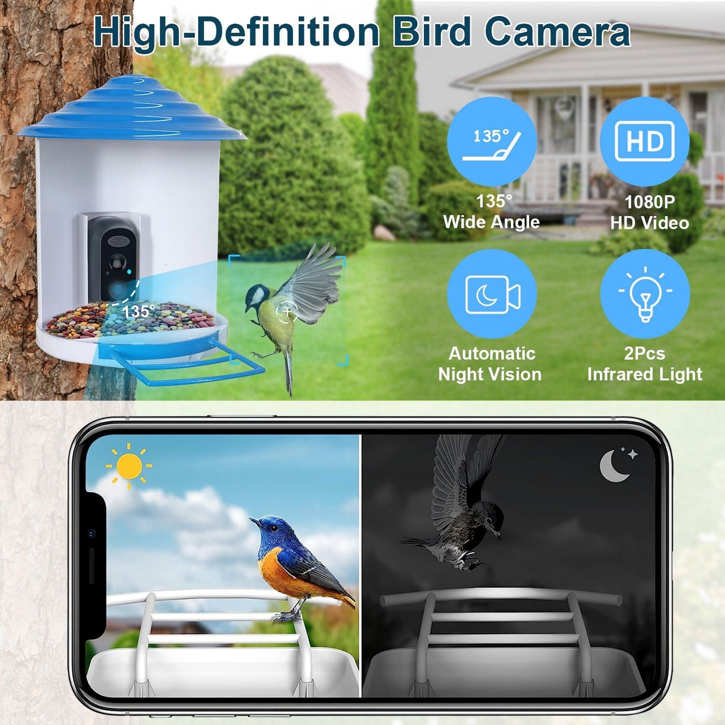 Smart Bird Feeder with Solar Powered Camera 1080P HD AI Identify PIR Motion Auto Capture Video Cloud Card Storage WiFi Connection App Control IP65 Waterproof