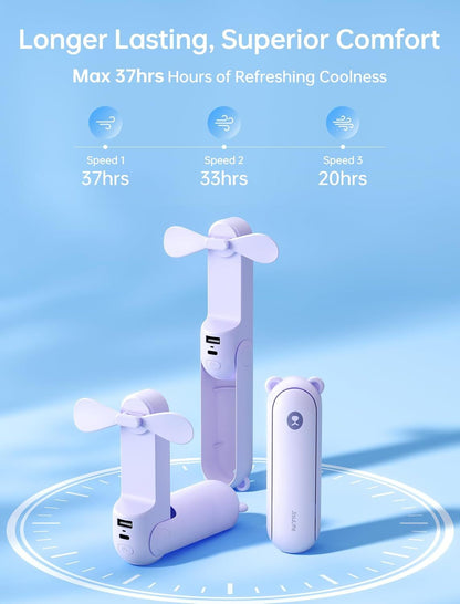 Handheld Fan with 4500 mAh Powerbank Max 37 Hours Runtime, Pocket Portable Battery Operated or USB Powered Folding Personal Fan, 3 Speeds, Gifts for Women Men Kids Gift for Festival