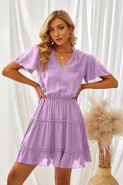Womens Purple XL Short Sleeve Ruffle V Neck Chiffon Dress Flowy A Line Mini Summer Casual Elegant Lightweight