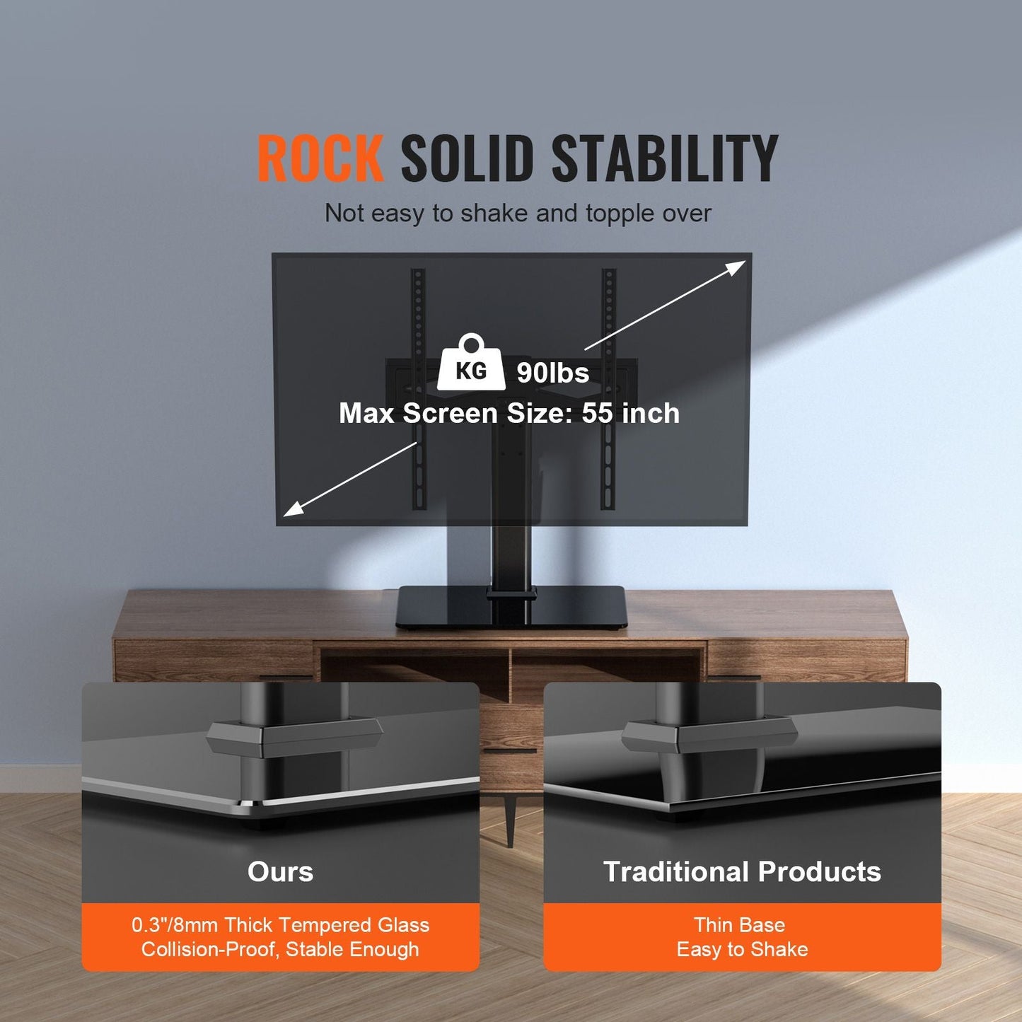 TV Stand Mount, Swivel Universal TV Stand for 32 to 55 inch TVs, Height Adjustable Portable Floor TV Stand with Tempered Glass Base for Bedroom, Living Room
