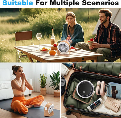 Small Desk Fan 5000mAh Rechargeable Battery Powered -Retro Low Noise Quiet Portable Gentle Blowing with LED Night Light Office Bedroom Table Top Wall Hanging Kitchen Camping Dorm 5-Speed 360° Rotation