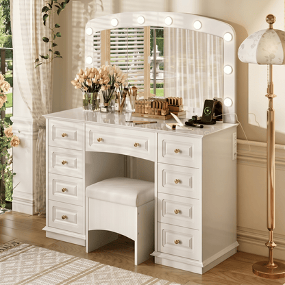 Luxurious Makeup Vanity with 10 Hollywood Bulbs, 3 Color Lighting Modes, Classic Dressing Table with Cushioned Stool and 9 Storage Drawers for Bedroom