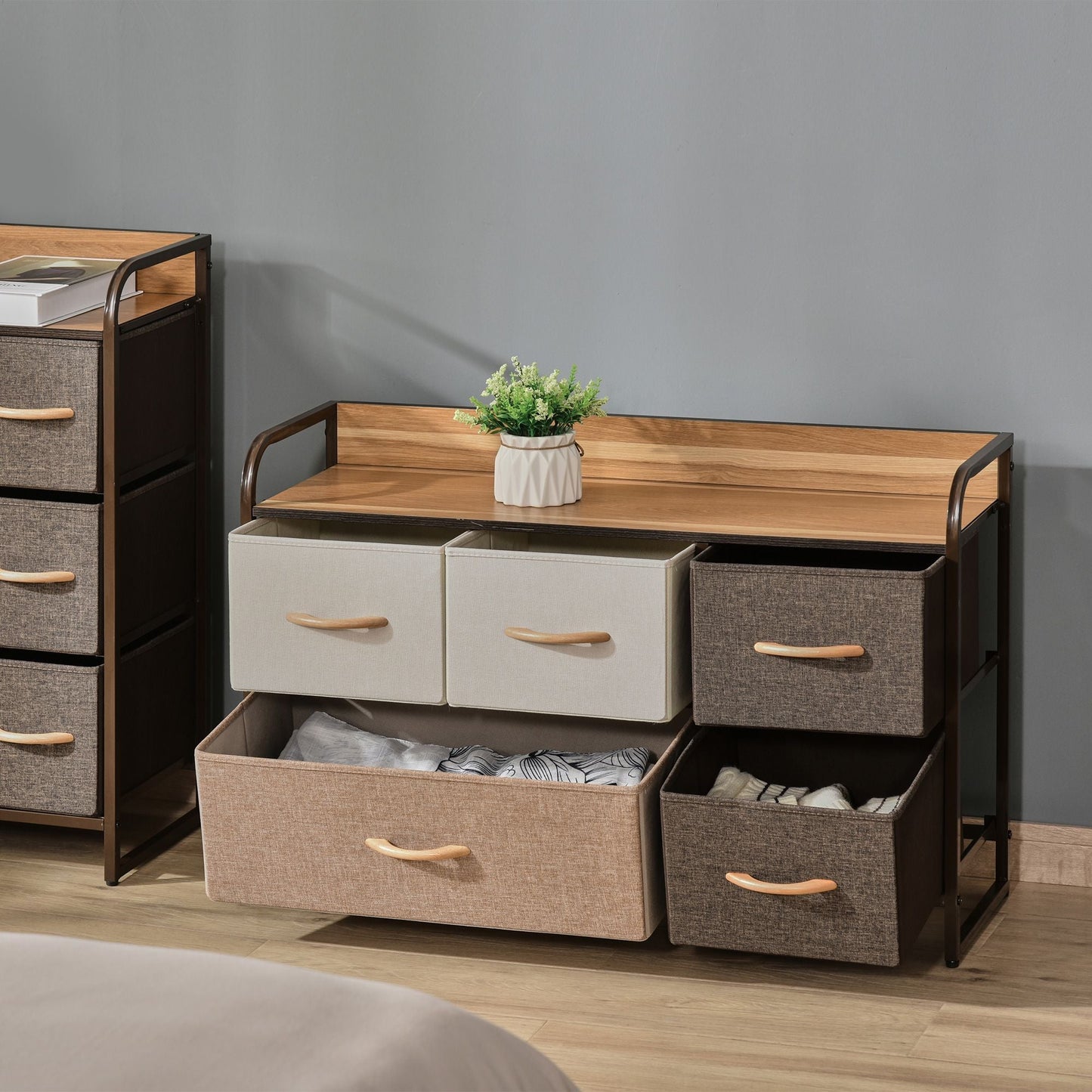 5-Bin Dresser Storage Tower Cabinet Organizer Unit, Chest Dresser Drawers with Metal Frame for Bedroom, Multicoloured