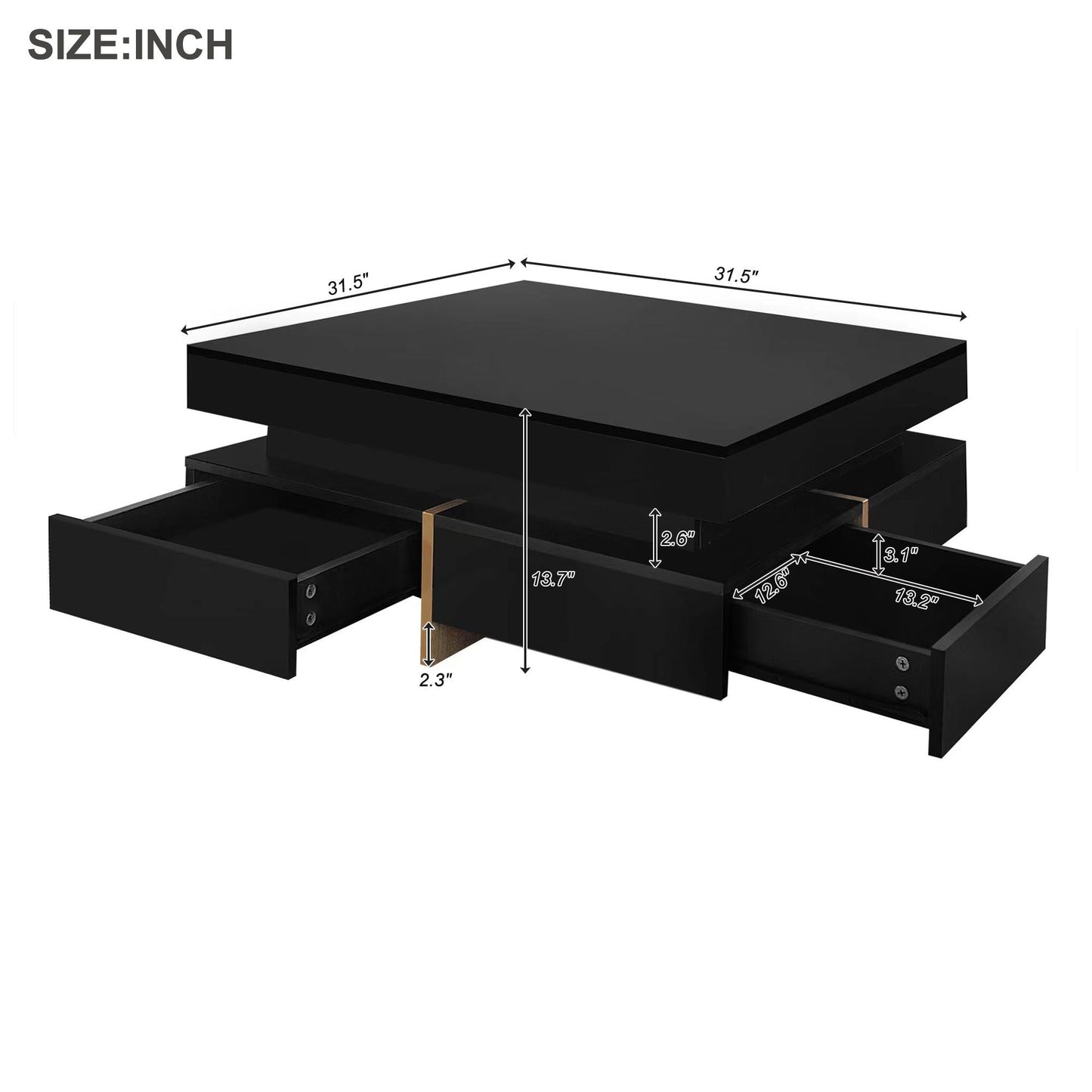 Sleek Black High Gloss Modern Coffee Table with 4 Drawers for Organized Living Rooms, Square Design with Wood Grain Legs, Ideal Cocktail Table 31.5''x31.5''