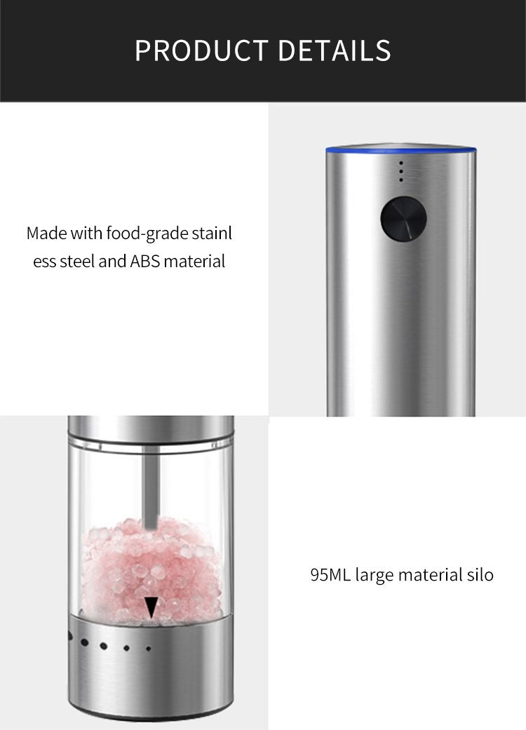 Electric Salt or Pepper Grinder , Stainless Steel with LED Light, Type-C Rechargeable, Ceramic Adjustable Coarseness, 95ml Large Capacity Visible Window, Patented Light Pipe Washable Design for Kitche