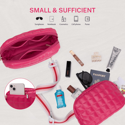 Puffer Bag Quilted Belt Bag Small Puffy Fanny Pack for Woman Running Traveling Hiking Workout Sports with Adjustable Strap-Rose