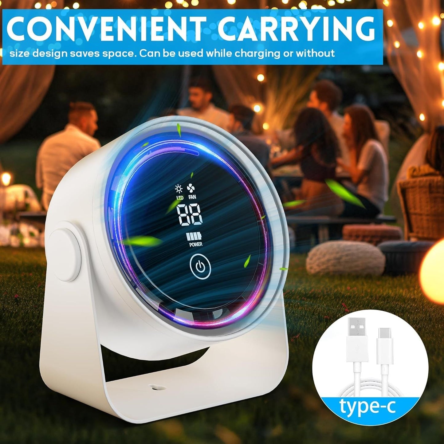 Small Desk Fan 5000mAh Rechargeable Battery Powered -Retro Low Noise Quiet Portable Gentle Blowing with LED Night Light Office Bedroom Table Top Wall Hanging Kitchen Camping Dorm 5-Speed 360° Rotation