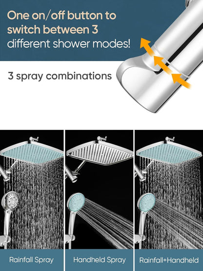 11.8 Inch Rain Shower Head with 6 Modes Handheld Water Spray High Pressure Showerhead Combo with 11 Inch Adjustable Extension Arm