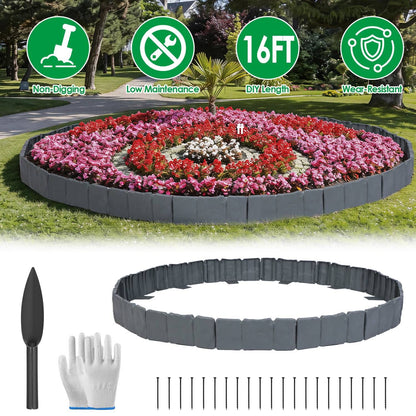 Flexible Cobblestone Landscape Edging, Weather Resistant PVC Garden Border Edging with Spikes & Shovel, Interlocking No Dig Lawn Edging for Yard Flower Bed Pathway