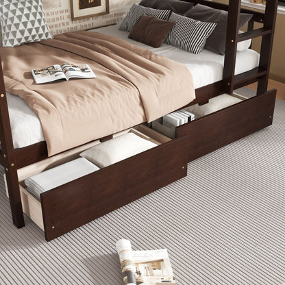Twin Over Twin Rubber Wood Bunk Bed with 2 Drawers, Convertible into 2 Twin Beds, Twin Size Bunk Bed with Ladder and Safety Guardrails