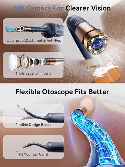 I35R Ear Cleaner with Flexible Ear Camera Otoscope - Visual Ear Pick Tweezers Wax Remover - Ear Cleaning Kit for Family