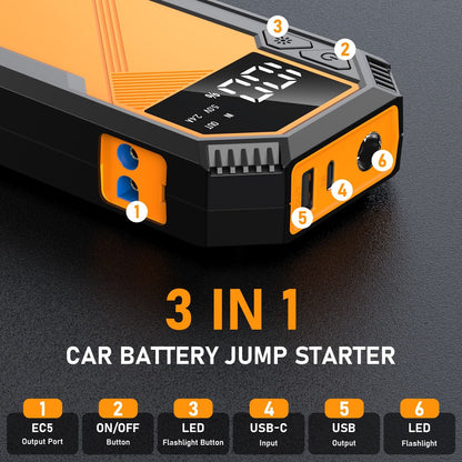 5000A Car Jump Starter 7.2L Gas or 6.5L Diesel 44.4W Portable Power Bank LED Flashlight 12V Jumper Box 10 Protections Built in Comprehensive Protection