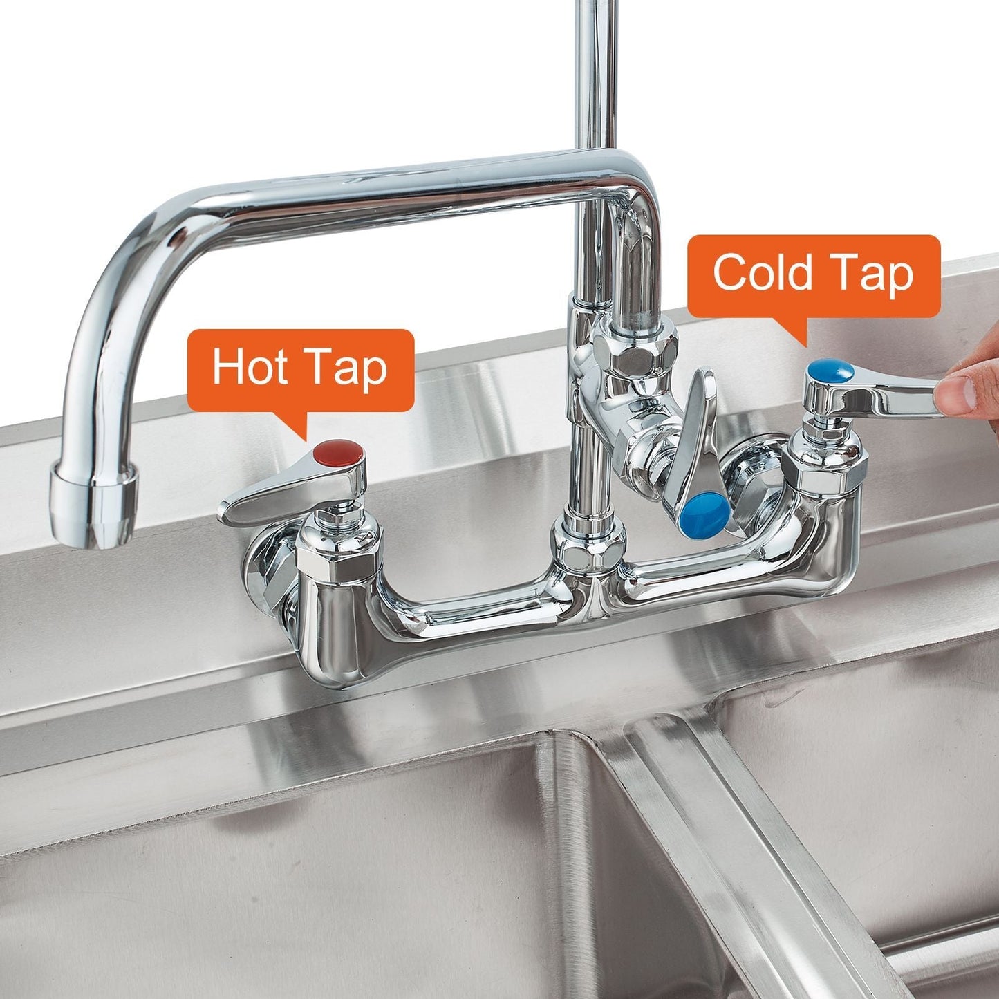 Wall-Mounted Kitchen Faucet, 47" Tall, 8" Apart, with 12" Rotating Spout and Pre-Rinse Spray, Brass Build, Pull-Down Feature for Multi-Compartment Sinks