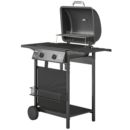 2 Burner Propane Gas Grill, 18000 BTU BBQ Grill with Wheels, Warming Rack, Shelf, Thermometer, Grease Cup, Black
