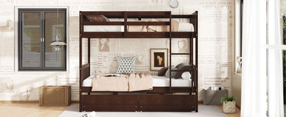 Twin Over Twin Rubber Wood Bunk Bed with 2 Drawers, Convertible into 2 Twin Beds, Twin Size Bunk Bed with Ladder and Safety Guardrails