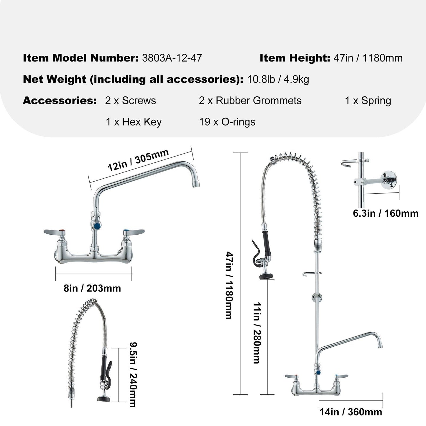 Wall-Mounted Kitchen Faucet, 47" Tall, 8" Apart, with 12" Rotating Spout and Pre-Rinse Spray, Brass Build, Pull-Down Feature for Multi-Compartment Sinks