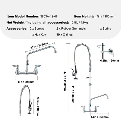 Wall-Mounted Kitchen Faucet, 47" Tall, 8" Apart, with 12" Rotating Spout and Pre-Rinse Spray, Brass Build, Pull-Down Feature for Multi-Compartment Sinks