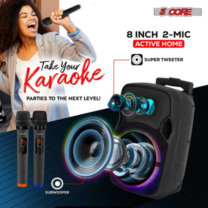5 Core Party Speaker Bluetooth 250W Big Monster Powered Rechargeable Outdoor PA DJ System w Disco Lights 2 Wireless Karaoke Mics Portable Rolling Speakers w Handle Black - ACTIVE HOME 8 2-MIC