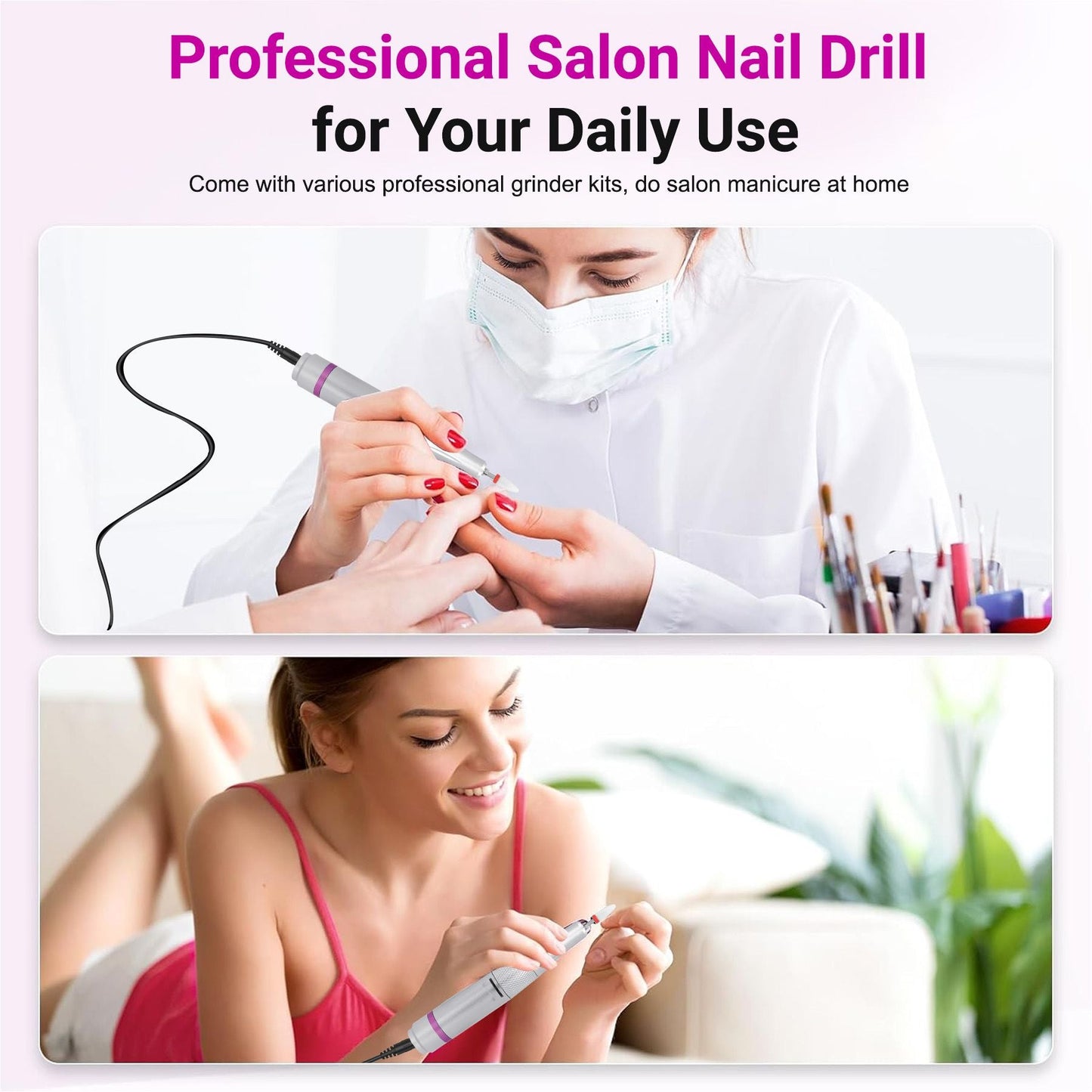 Portable Electric Nail Drill 35000RPM Nails Milling Cutter Wireless Pedicure Grinder Rechargeable Nail Drilling Machine (Silver)