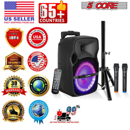 5 Core Party Speaker Bluetooth 250W Big Monster Powered Rechargeable Outdoor PA DJ System w Disco Lights 2 Wireless Karaoke Mics Portable Rolling Speakers w Handle Black - ACTIVE HOME 8 2-MIC