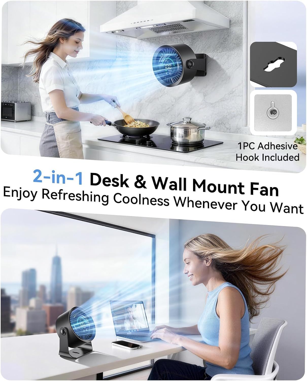Rechargeable USB Desk Fan for Bedroom, 100 Speeds, 360° Rotation, Wall Mounted Design Small Portable Table Fan with LED Display, Quiet Personal Desktop Cooling Fans for Home Office