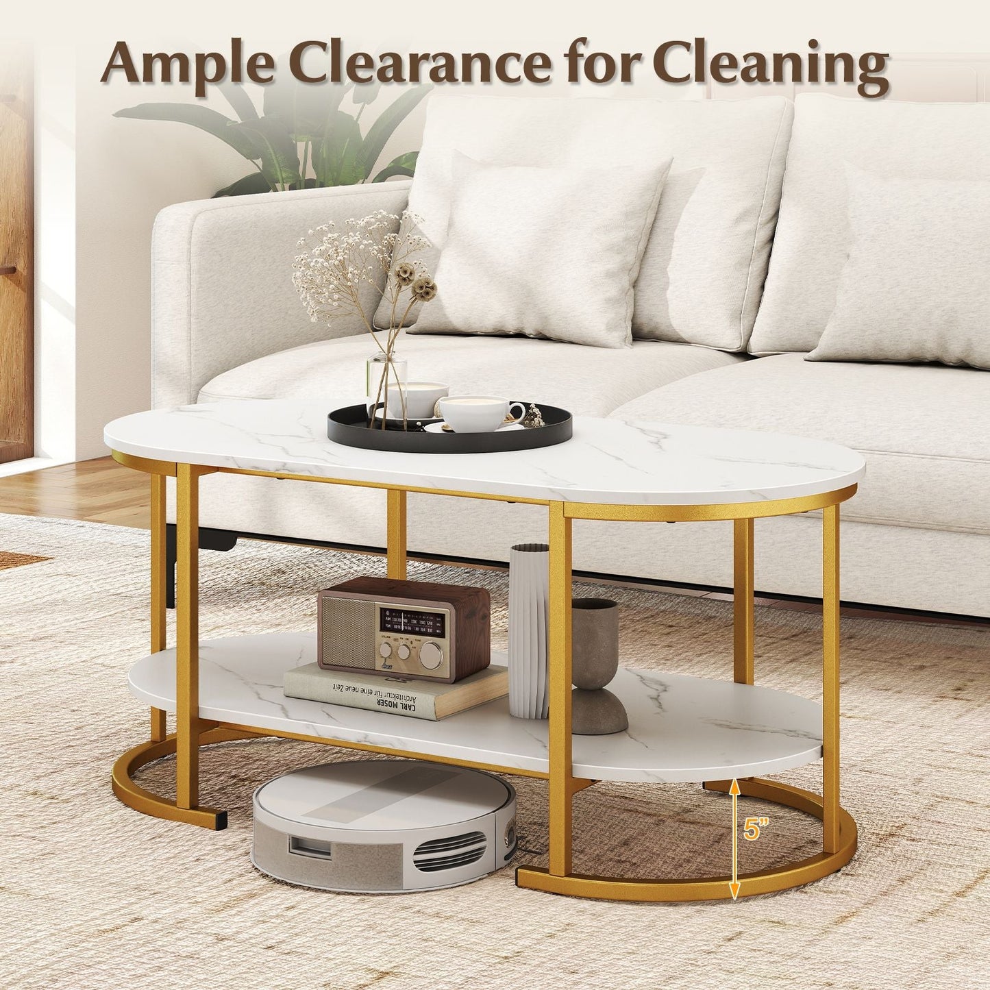 Marble Coffee Table with Open Storage Shelf