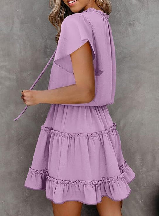 Womens Purple XL Short Sleeve Ruffle V Neck Chiffon Dress Flowy A Line Mini Summer Casual Elegant Lightweight
