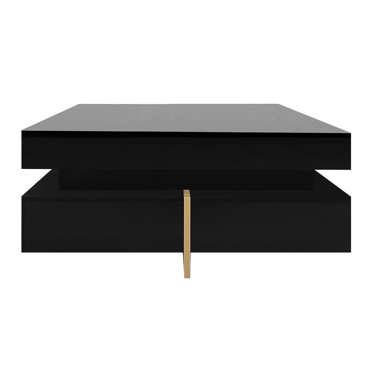 Sleek Black High Gloss Modern Coffee Table with 4 Drawers for Organized Living Rooms, Square Design with Wood Grain Legs, Ideal Cocktail Table 31.5''x31.5''