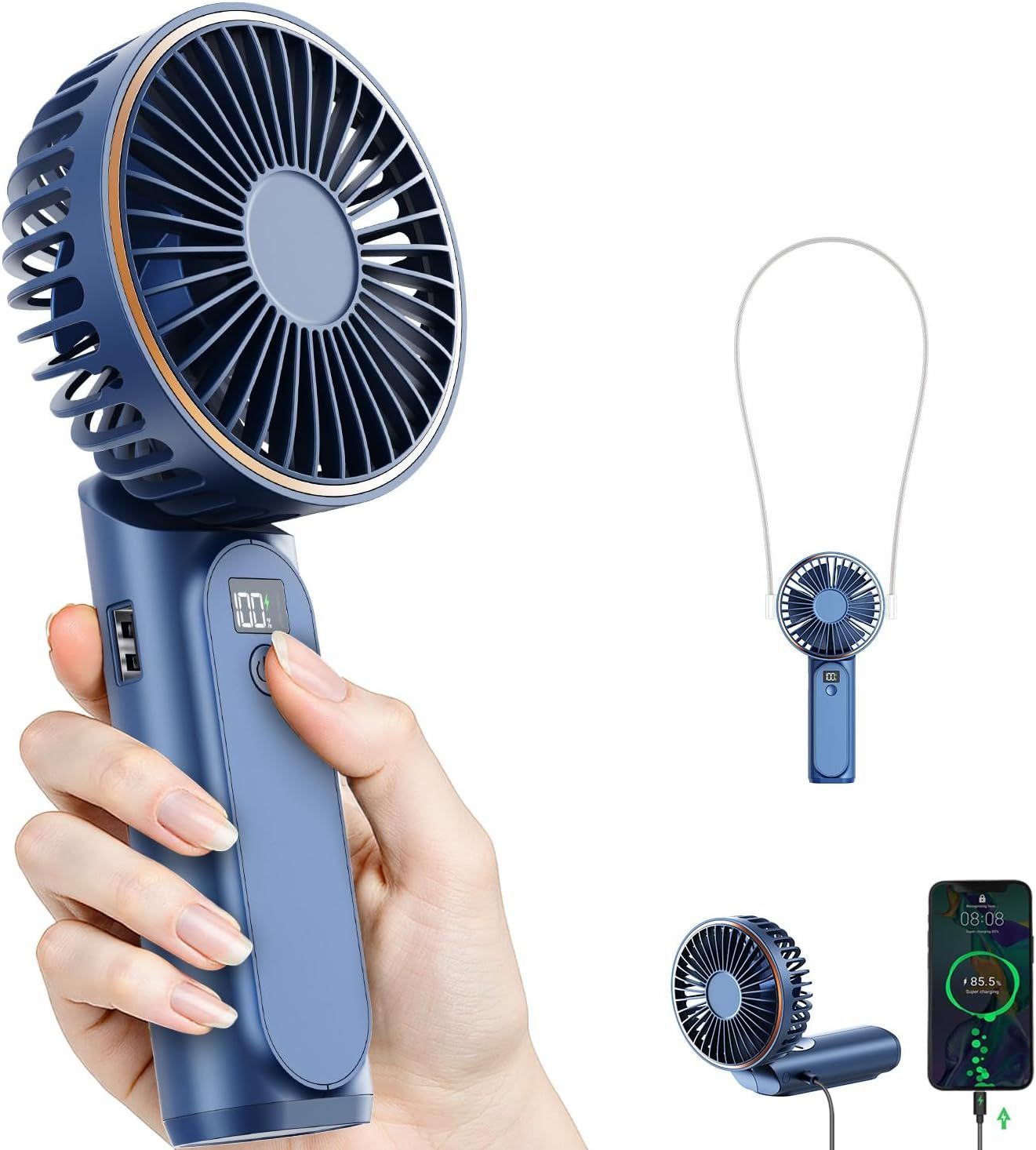 Portable Handheld Fan, Portable Fan Rechargeable, 4000mAh, 180° Adjustable, 6 Speed Wind, Display Electricity in Real Time, USB Rechargeable Foldable F an, Quiet Personal Fan as Power Bank