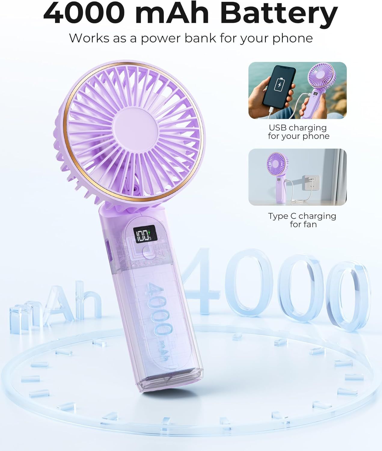 Portable Handheld Fan, Portable Fan Rechargeable, 4000mAh, 180° Adjustable, 6 Speed Wind, Display Electricity in Real Time, USB Rechargeable Foldable F an, Quiet Personal Fan as Power Bank