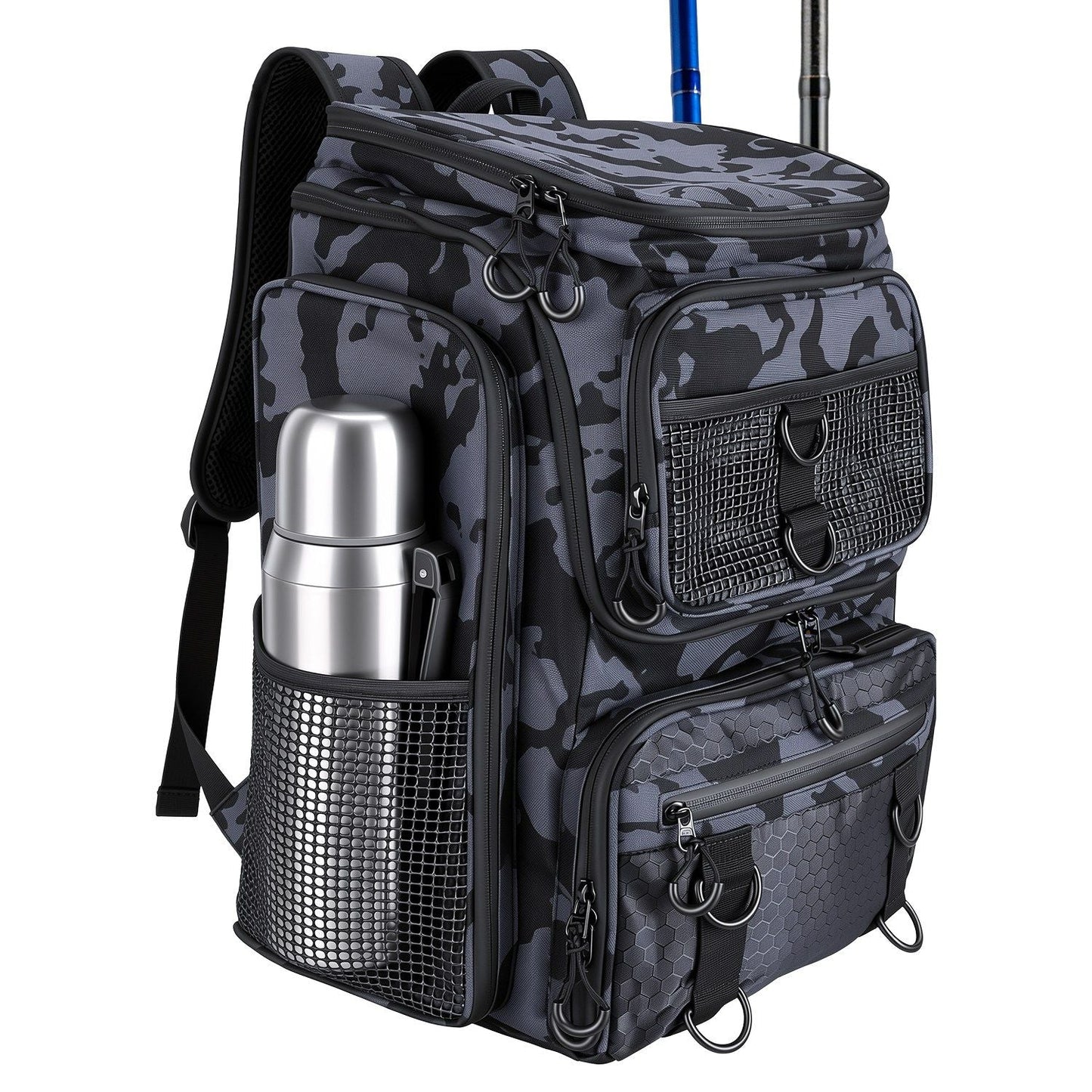 42L/11Gal Fishing Backpack Large Capacity Fishing Tackle Storage Bag with Rod Holders 16-Pocket Water-Resistant with Divider Adjustable Padded Straps for Fishing Gear Outdoor Camping Hiking