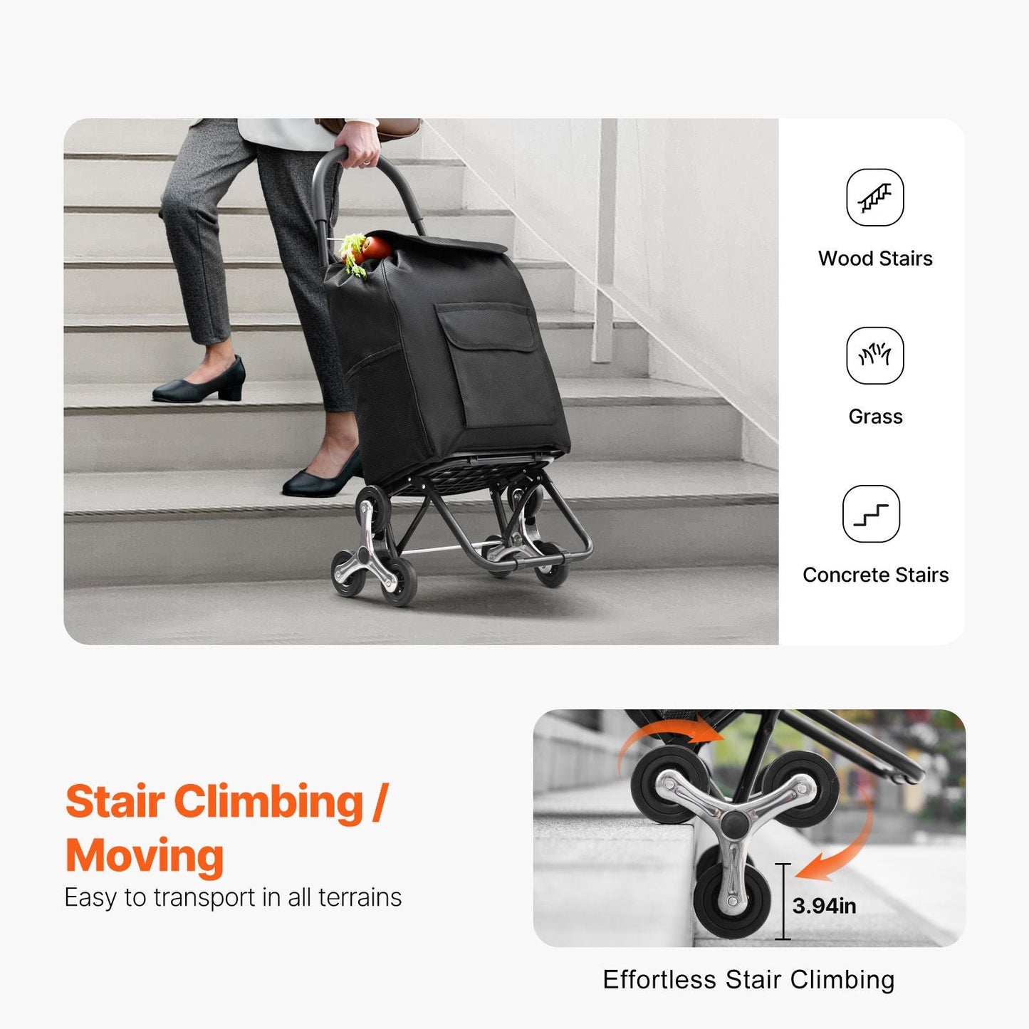 Stair Climber Trolley Dolly, 36L Folding Shopping Cart, Grocery Cart Trolley Laundry Stair Climbing Handcart with 6 Wheels & Oxford Cloth Bag, Foldable Cart for Shopping Grocery Laundry, Black