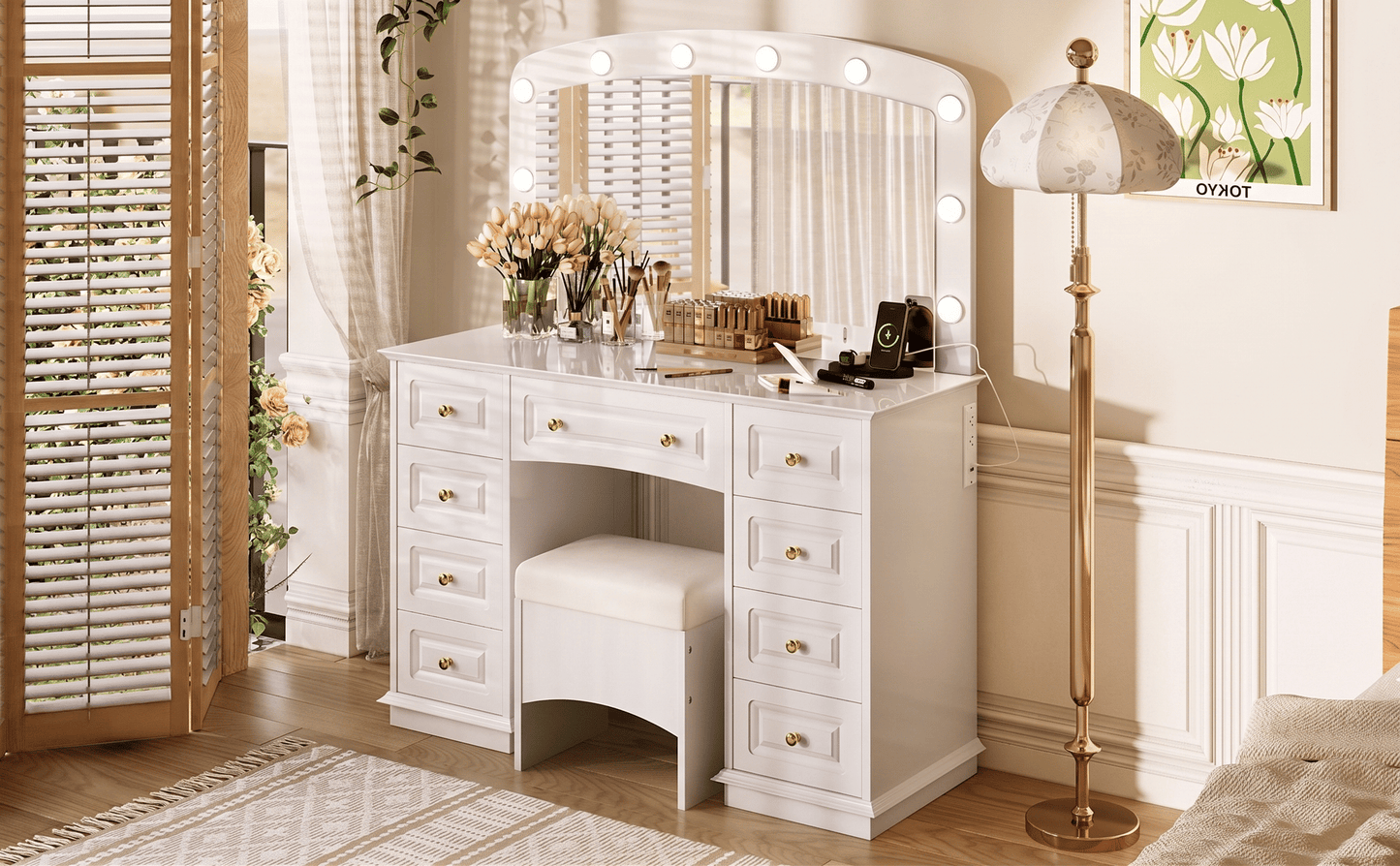Luxurious Makeup Vanity with 10 Hollywood Bulbs, 3 Color Lighting Modes, Classic Dressing Table with Cushioned Stool and 9 Storage Drawers for Bedroom