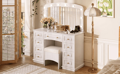 Luxurious Makeup Vanity with 10 Hollywood Bulbs, 3 Color Lighting Modes, Classic Dressing Table with Cushioned Stool and 9 Storage Drawers for Bedroom