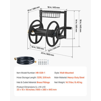 Wall Mounted Garden Hose Reel, Holds 125 ft 5/8-inch Hose, Heavy-Duty Water Hose Winder, Space-Saving Design, Outdoor Manual Reel with Brass Fitting and Storage Basket for Yard Lawn