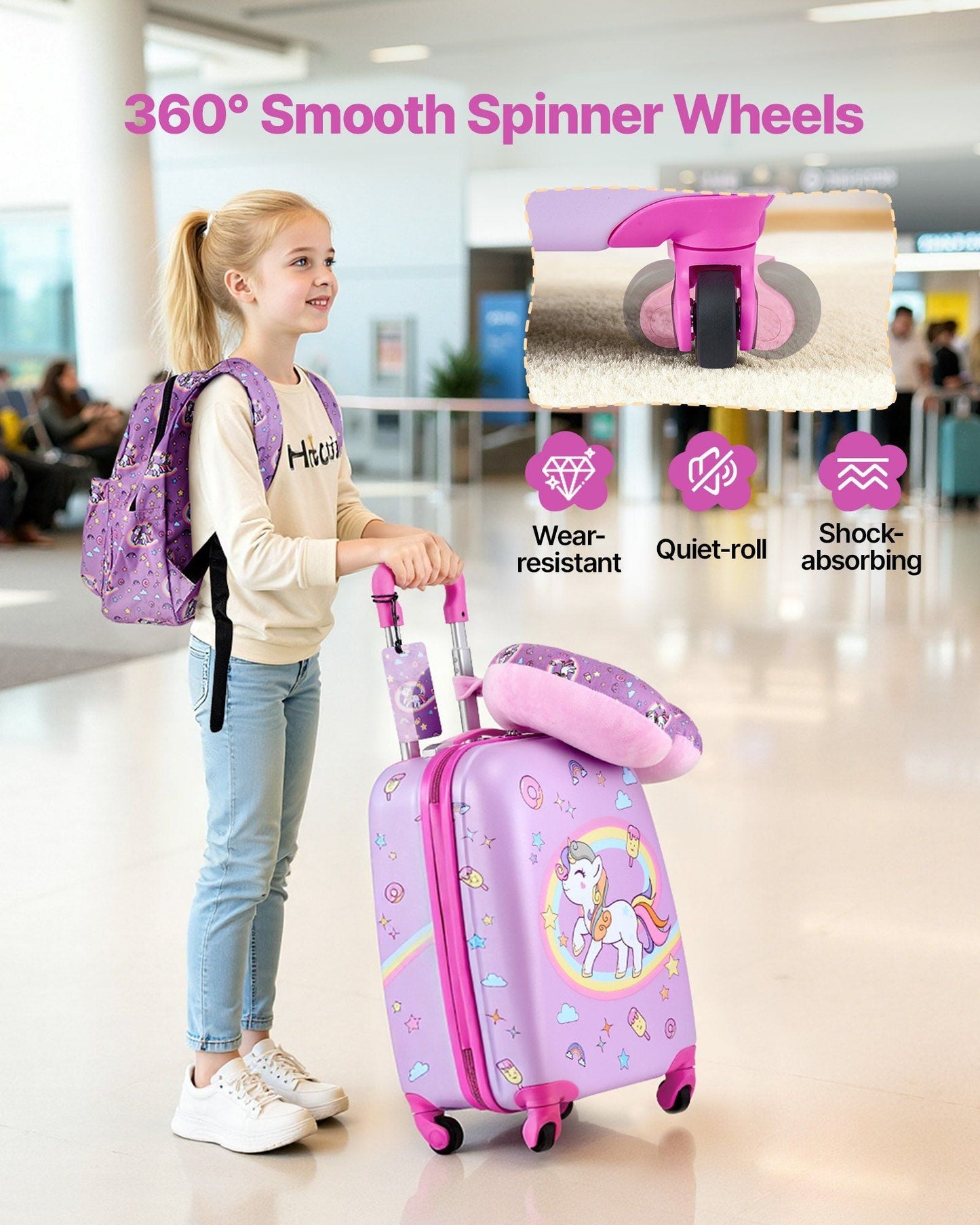Kids Luggage Set, 5 Piece, 18 Inch Hardside Rolling Wheels Suitcase with Backpack & U-shape Pillow, Unicorn Kids Carry on Luggage Set, Holiday Birthday Gift for Girls Boys, Airline Approved