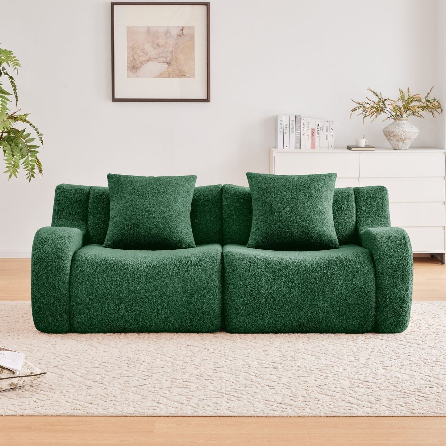 Soft Teddy Fabric Boneless Sofa,No Assembly Required Streamlined Design,Anti-Slip Design 32D High Density Sponge Fits Living Rooms Bedrooms,Green