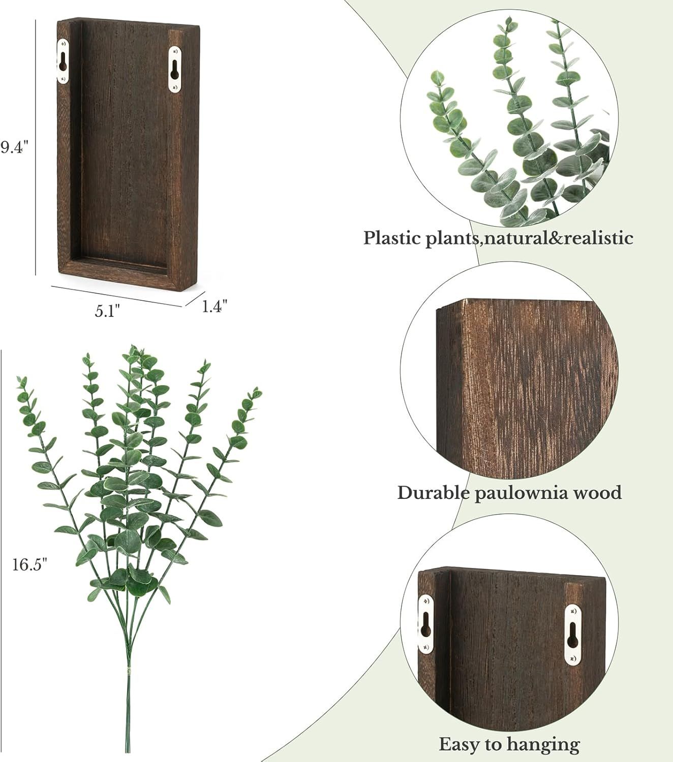 2 Pack Wood Wall Planter Vase with Artificial Eucalyptus Farmhouse Wall Hanging Decor Pocket Planter for Indoor Fake Plants Greenery, Living Room Bedroom Kitchen Home Office Decoration