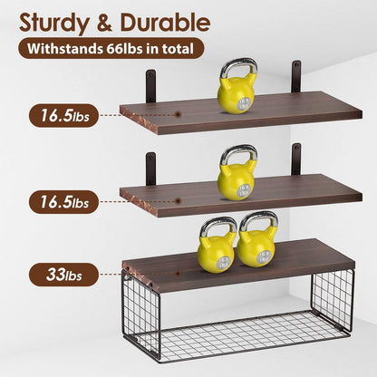 Rustic 2-in-1 Floating Shelves & Storage Basket - Durable Paulownia Wood, 66Lbs Capacity, Corrosion-Resistant Wall Decor