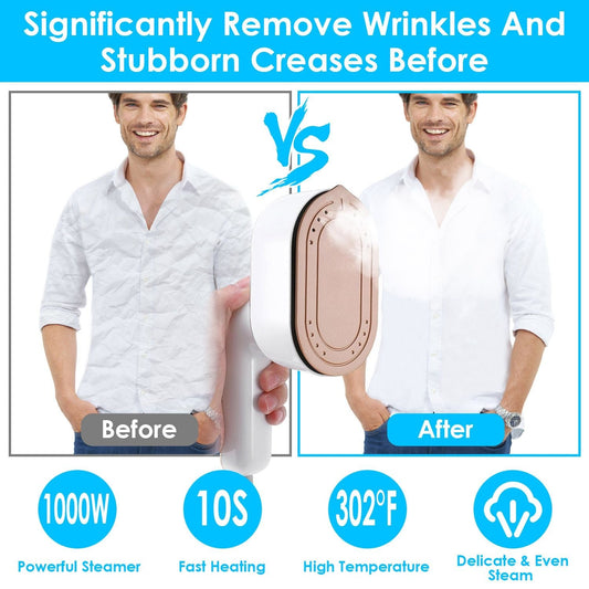 1000W Portable Handheld Steamer for Hang Flat Ironing Travel Garment Steamer with 180° Rotatable Handle 10S Fast Heating Clothing Wrinkles Remover for Home Office Travel