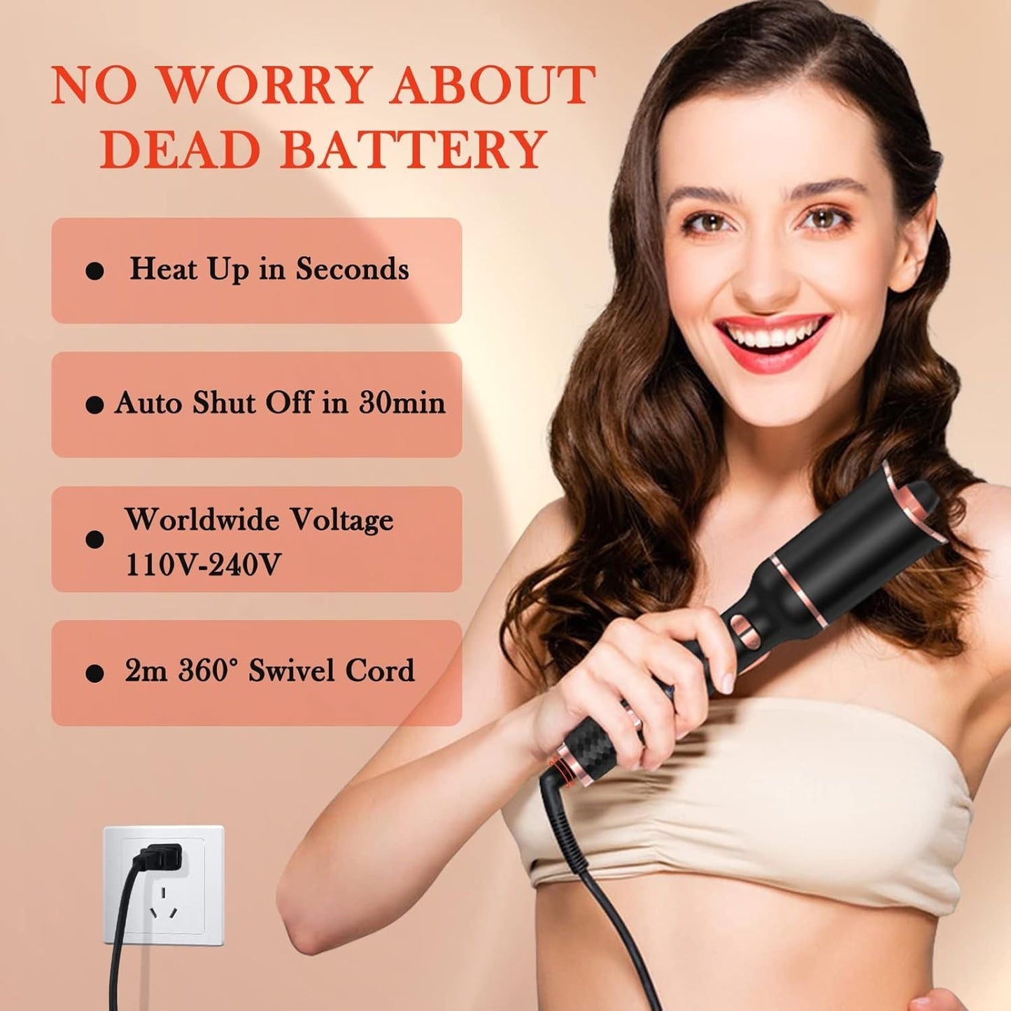 Automatic Curling Iron, Ceramic Ionic Auto-Rotating Hair Curling Wand with Anti-Stuck Technology - Black