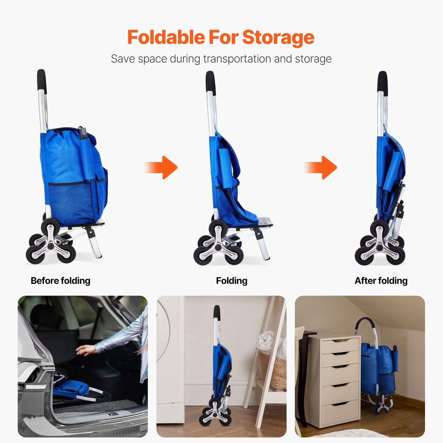 Stair Climber Trolley Dolly, 36L Folding Shopping Cart, Grocery Cart Trolley Laundry Stair Climbing Handcart with 6 Wheels & Oxford Cloth Bag, Foldable Cart for Shopping Grocery Laundry Climbing
